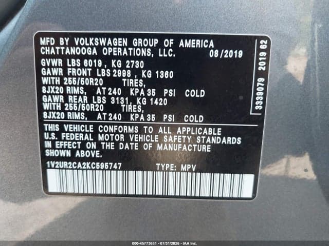 2019 VOLKSWAGEN ATLAS 3.6L V6 SE W/TECHNOLOGY 9