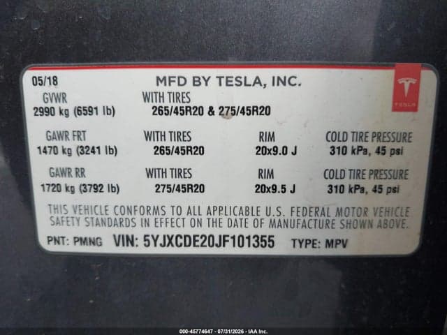 2018 TESLA MODEL X 100D/75D/P100D 9