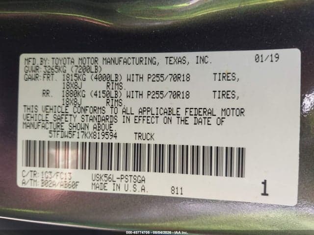 2019 TOYOTA TUNDRA SR5 5.7L V8 9
