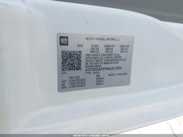 2022 CHEVROLET EXPRESS CARGO RWD 2500 REGULAR WHEELBASE WT 9
