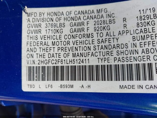 2020 HONDA CIVIC LX 9