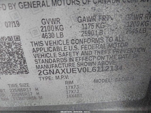 2020 CHEVROLET EQUINOX AWD LT 1.5L TURBO 9