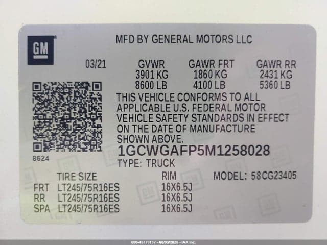 2021 CHEVROLET EXPRESS CARGO RWD 2500 REGULAR WHEELBASE WT 9
