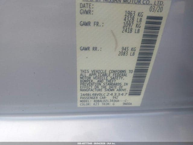 2020 NISSAN ALTIMA S FWD 9