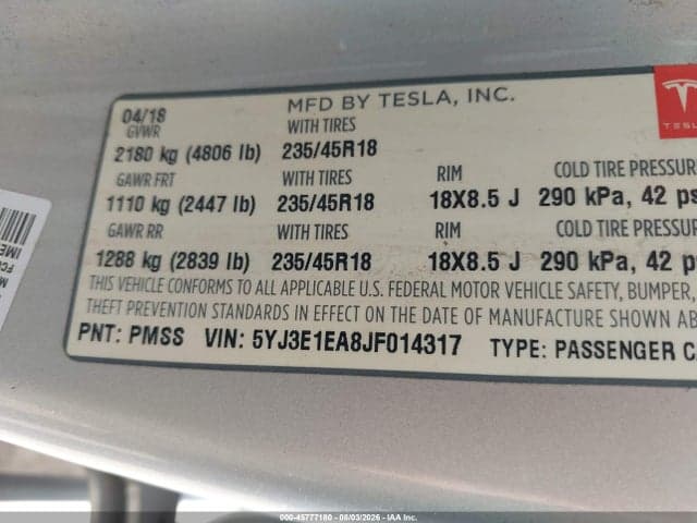 2018 TESLA MODEL 3 LONG RANGE/MID RANGE 9
