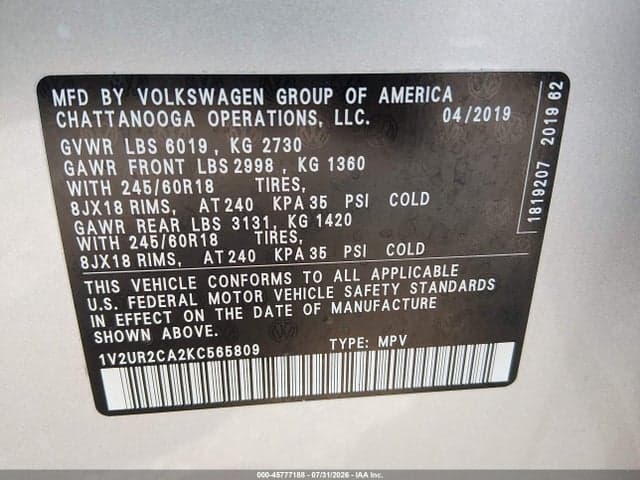 2019 VOLKSWAGEN ATLAS 3.6L V6 SE W/TECHNOLOGY 9