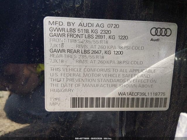 2020 AUDI Q3 PREMIUM 45 TFSI QUATTRO TIPTRONIC 9