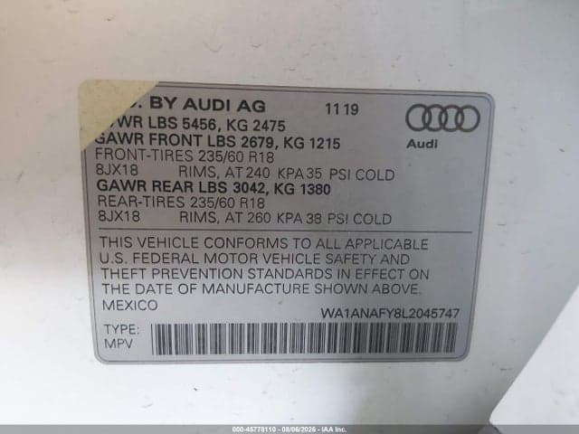 2020 AUDI Q5 PREMIUM 45 TFSI QUATTRO S TRONIC 9