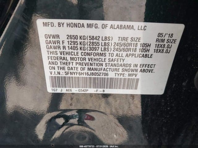 2018 HONDA PILOT LX 9