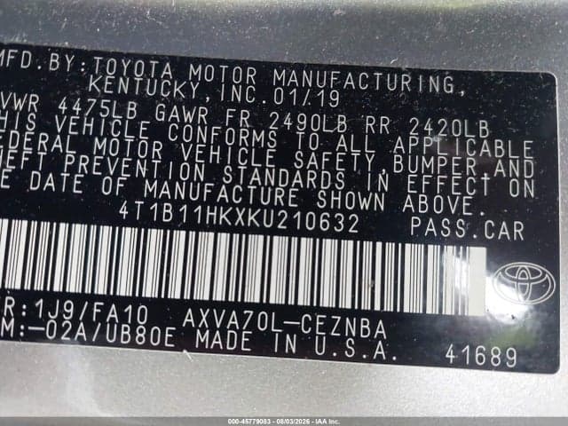 2019 TOYOTA CAMRY LE 9