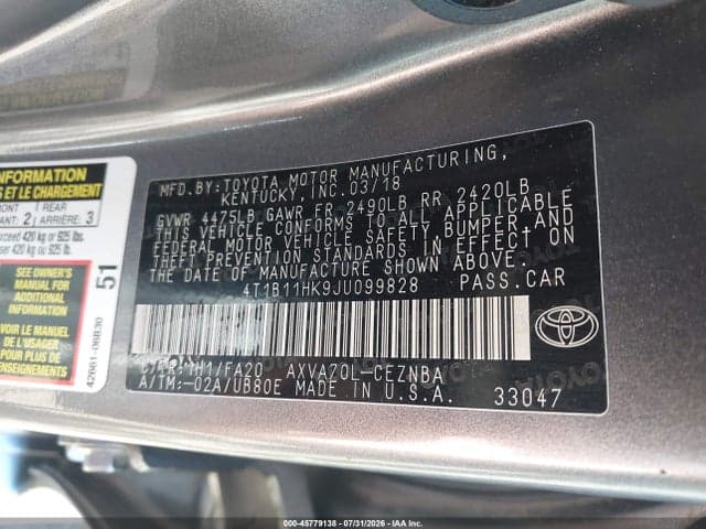 2018 TOYOTA CAMRY LE 9