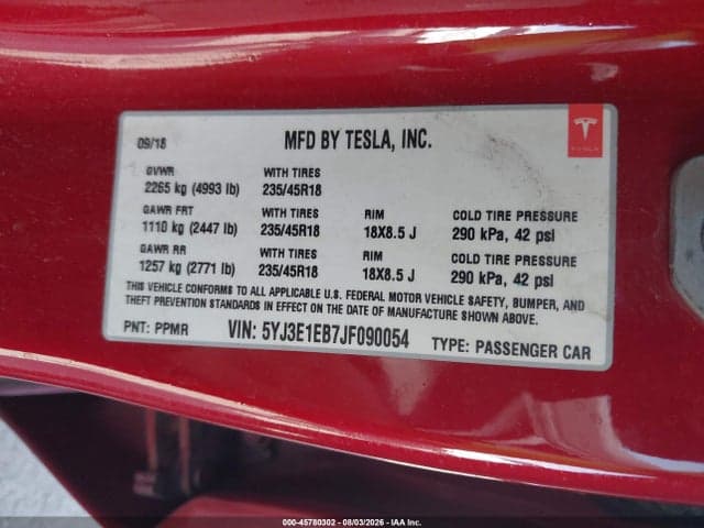 2018 TESLA MODEL 3 LONG RANGE/PERFORMANCE 9
