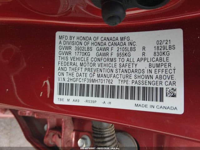 2021 HONDA CIVIC EX 9