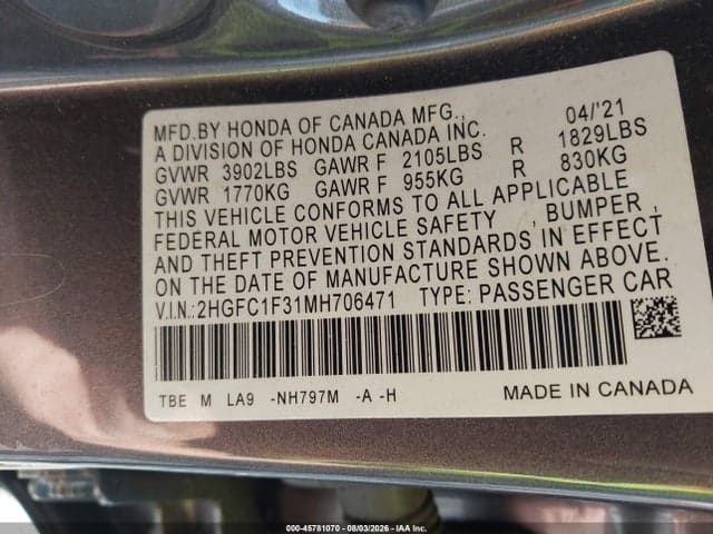 2021 HONDA CIVIC EX 9