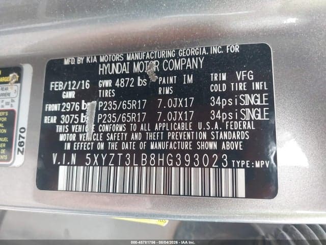 2017 HYUNDAI SANTA FE SPORT 2.4L 9