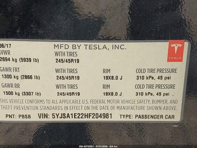 2017 TESLA MODEL S 100D/60D/75D/90D/P100D 9