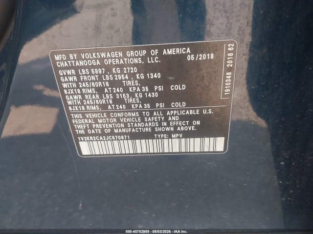 2018 VOLKSWAGEN ATLAS 3.6L V6 SE 9