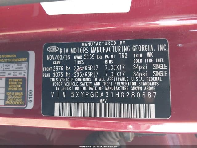 2017 KIA SORENTO 2.4L LX 9