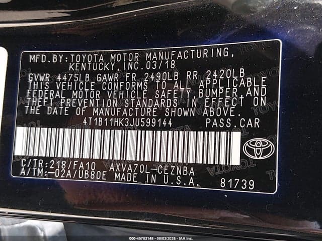 2018 TOYOTA CAMRY LE 9
