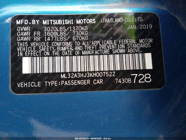 2019 MITSUBISHI MIRAGE ES/RF 9