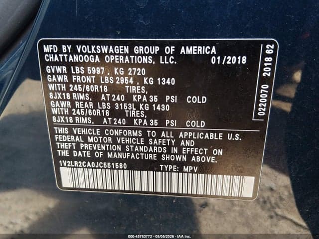 2018 VOLKSWAGEN ATLAS 3.6L V6 SE/3.6L V6 SE W/TECHNOLOGY 9
