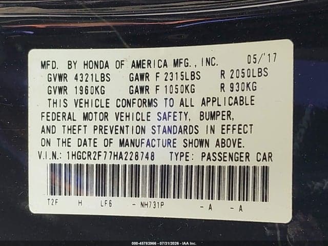 2017 HONDA ACCORD EX 9