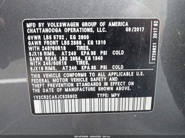 2018 VOLKSWAGEN ATLAS 3.6L V6 SE 9
