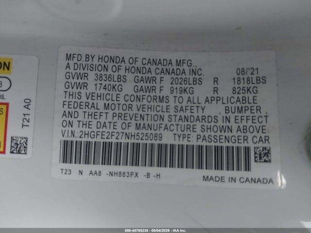 2022 HONDA CIVIC LX 9