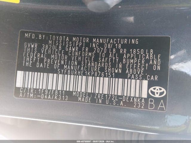 2019 TOYOTA COROLLA LE 9