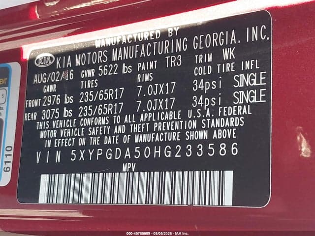 2017 KIA SORENTO 3.3L LX 9
