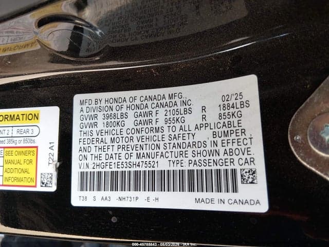 2025 HONDA CIVIC SI BASE W/HIGH PERFORMANCE SUMMER TIRES/ 9