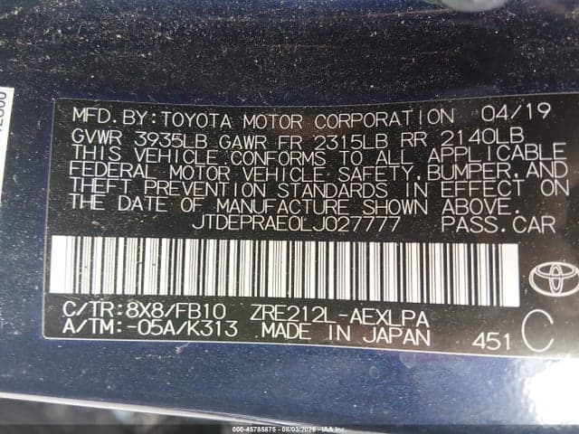 2020 TOYOTA COROLLA LE 9