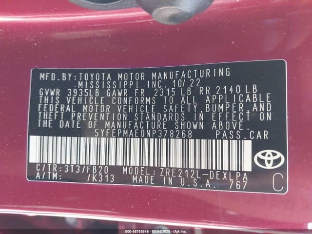2022 TOYOTA COROLLA LE 9