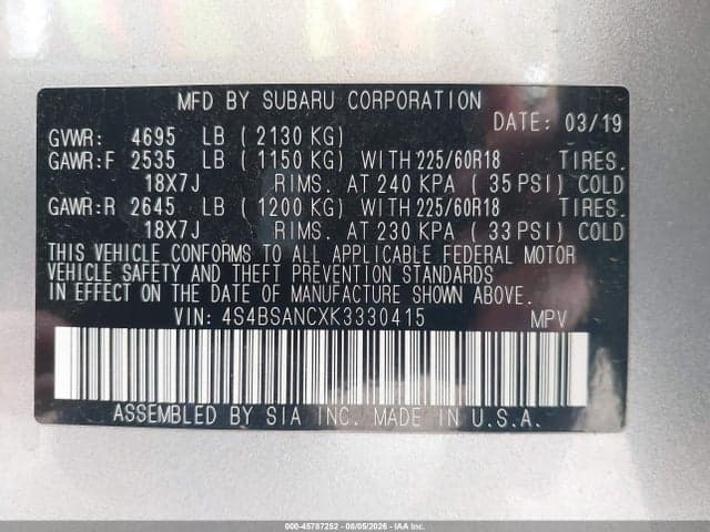 2019 SUBARU OUTBACK 2.5I LIMITED 9