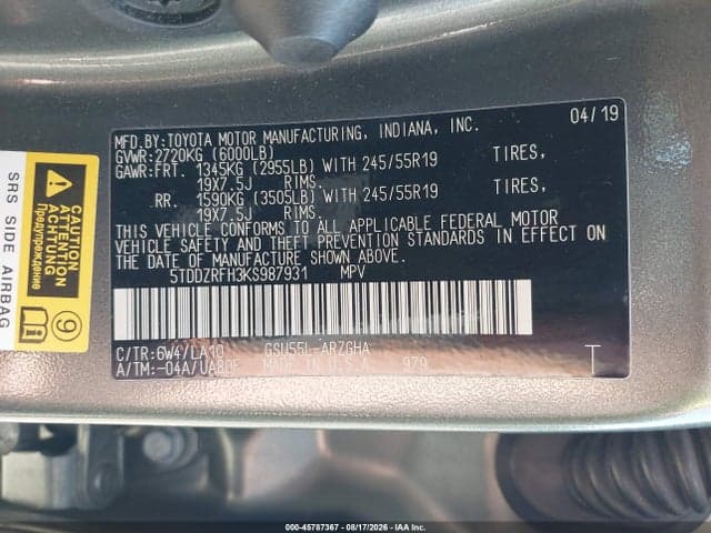 2019 TOYOTA HIGHLANDER LIMITED PLATINUM 9