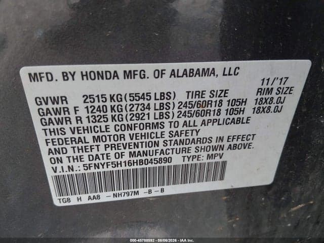 2017 HONDA PILOT LX 9