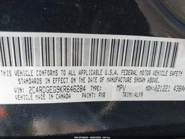 2019 DODGE GRAND CARAVAN GT 9