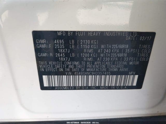 2017 SUBARU OUTBACK 2.5I LIMITED 9