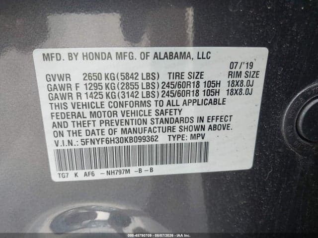 2019 HONDA PILOT EX 9