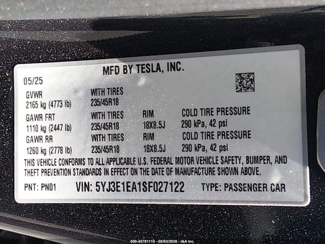 2025 TESLA MODEL 3 LONG RANGE REAR-WHEEL DRIVE/STANDARD REAR-WHEEL DRIVE 9