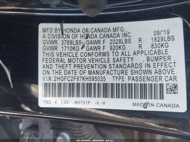 2019 HONDA CIVIC SPORT 9