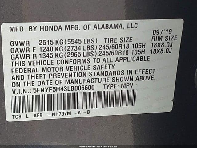 2020 HONDA PILOT 2WD EX-L W/NAVI 9