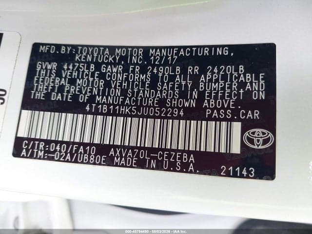 2018 TOYOTA CAMRY L 9