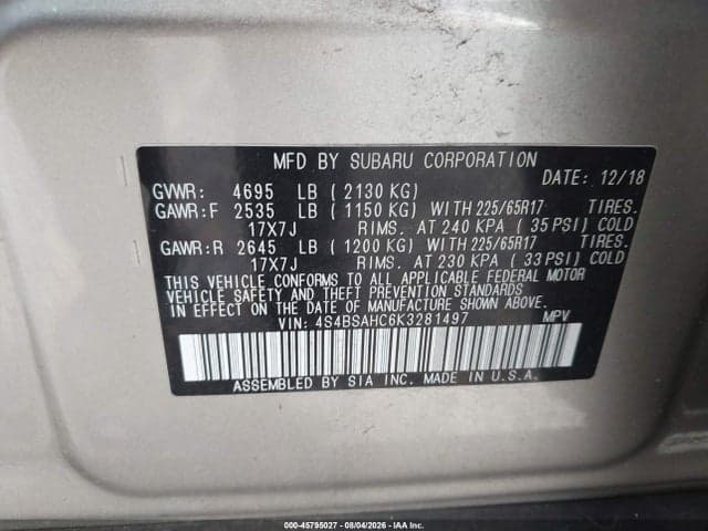 2019 SUBARU OUTBACK 2.5I PREMIUM 9