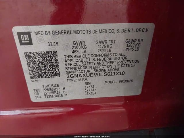 2020 CHEVROLET EQUINOX AWD LT 1.5L TURBO 9