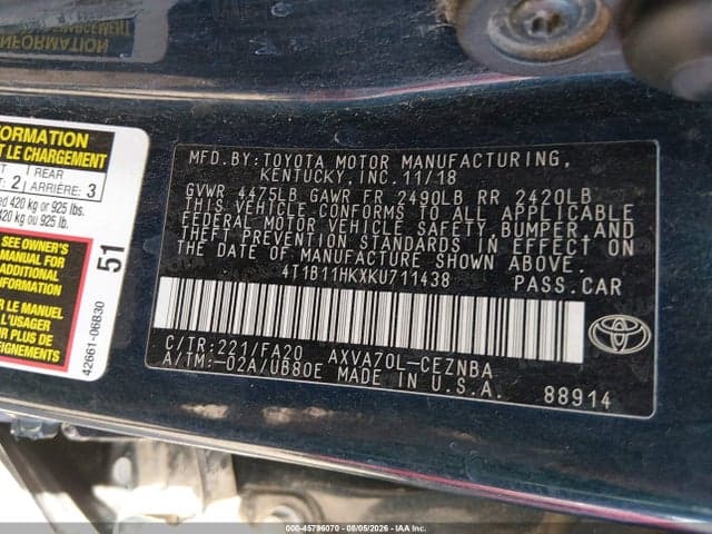 2019 TOYOTA CAMRY LE 9