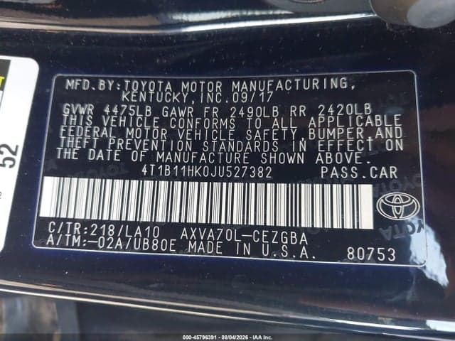 2018 TOYOTA CAMRY XLE 9