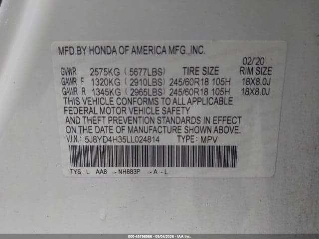 2020 ACURA MDX STANDARD 9