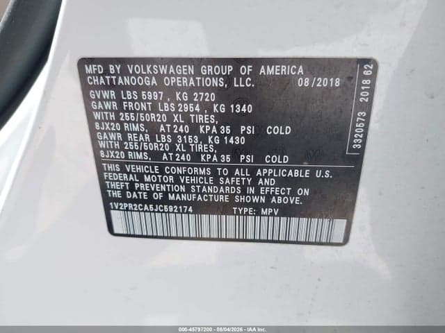 2018 VOLKSWAGEN ATLAS 3.6L V6 SE W/TECHNOLOGY 9