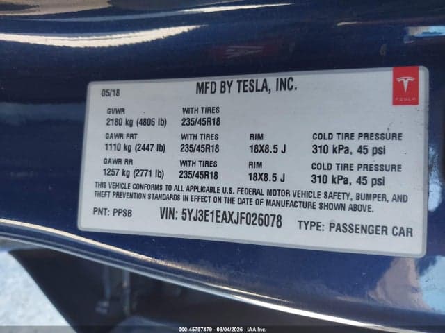 2018 TESLA MODEL 3 LONG RANGE/MID RANGE 9
